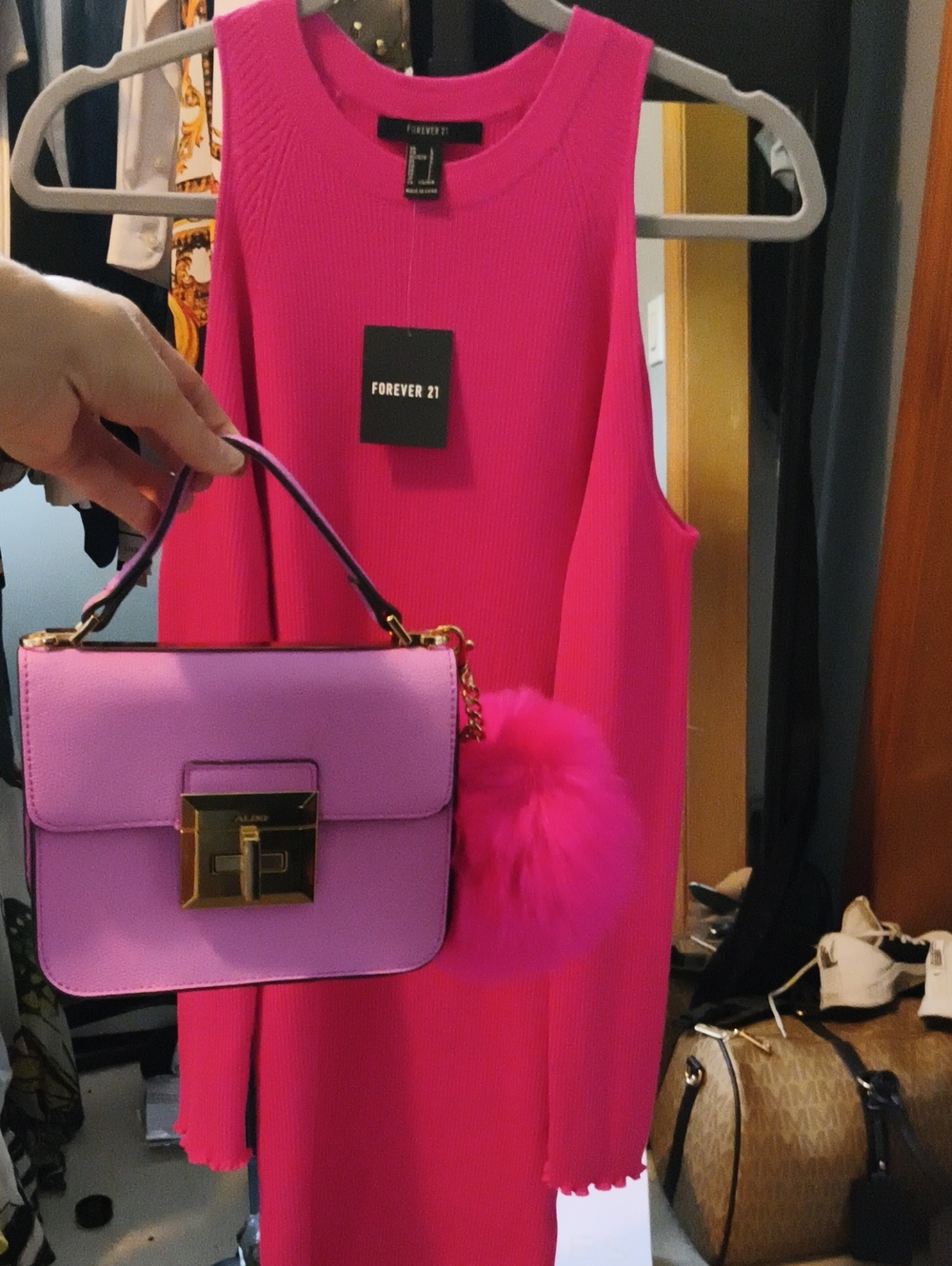 Forever 21 Bright Pink Open Shoulder Ribbed Dress And ALDO Purse L. NEW